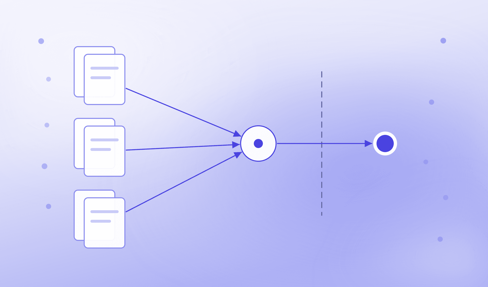 Six documents feed into a review point and a separate decision point on a pale indigo background.