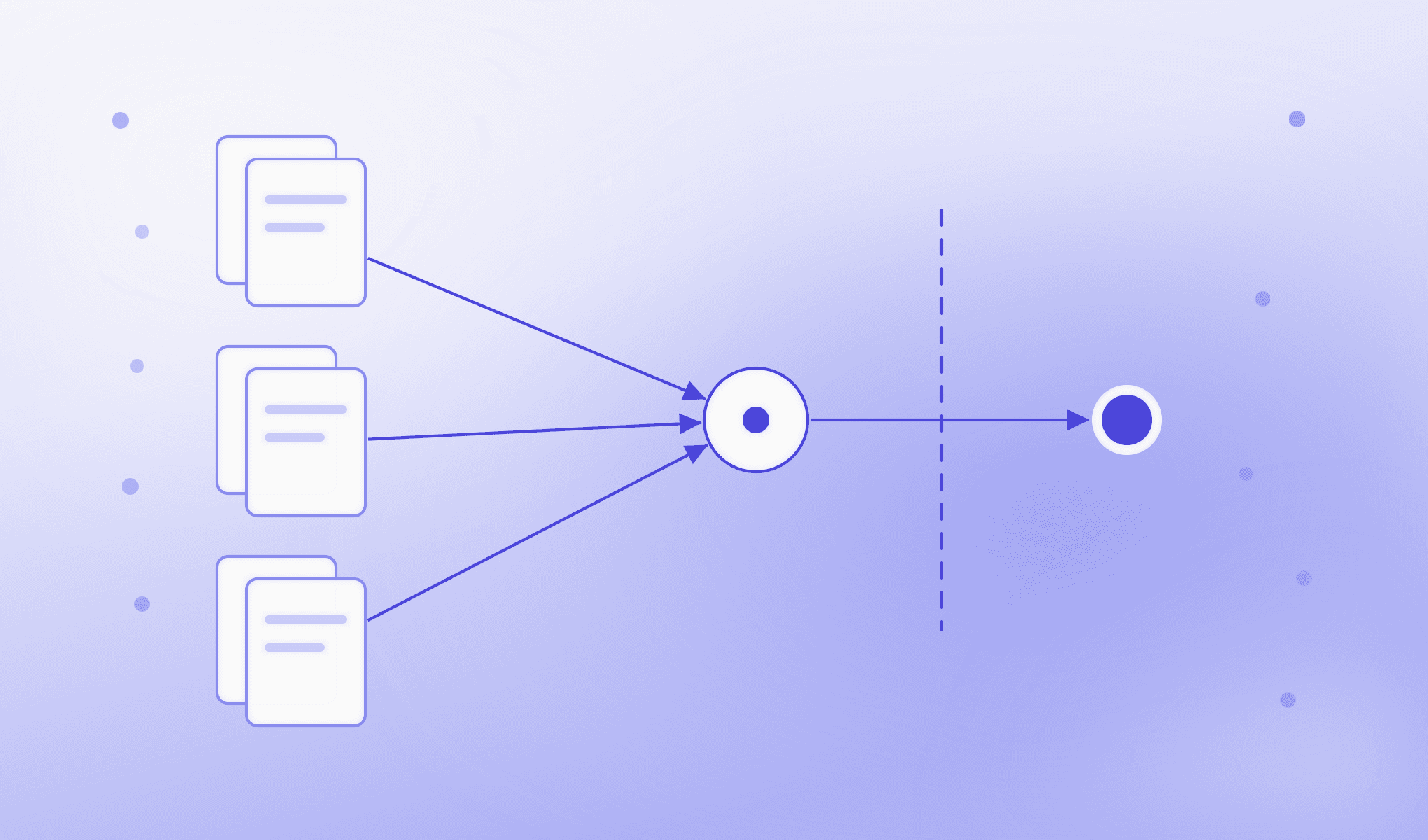 Six documents feed into a review point and a separate decision point on a pale indigo background.
